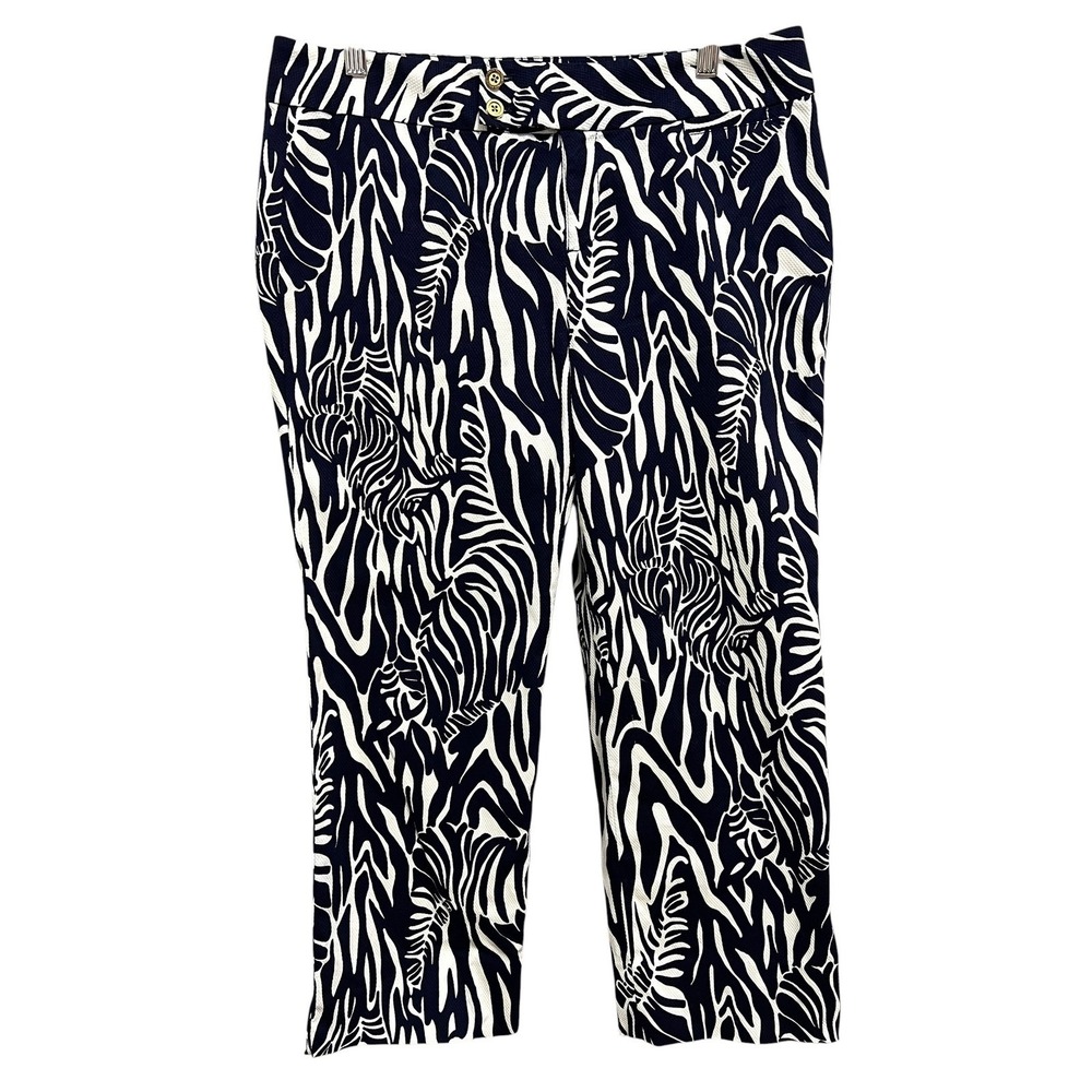 Lilly Pulitzer Pants Womens 8 Navy Blue‎ White Zebra Palm Beach Fit Crop Coastal